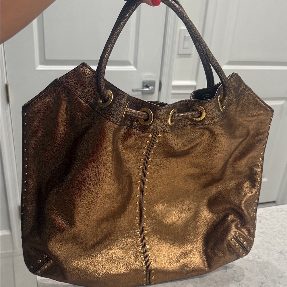 Michael Kors Metallic Bronze Leather Tote Bag with Gold Stud Accents